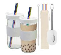 Joyfulmap 2-Pack Reusable Boba Cup Bubble Tea Cups with Lid, Sleeve, Straws Leakproof Glass Mason Jars for Smoothies, Travel Tumblers - 24oz, Wide Mouth, White