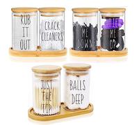 Joyfulmap 6 Glass Holder for Bathroom Storage Organizer,Clear Canister with Lid,Black text printed on jars,Farmhouse Countertop Decor for Cotton Ball-Cotton Swab-Floss-Cotton Round Pads-Hair Ties-Pins
