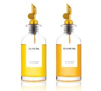 Joyfulmap Gold Oil Dispenser Set, 2 Pcs Olive Oil and Vinegar Dispenser Bottle for Kitchen w. 54 Minimalist White Labels,Tray,Glass Bottle Dispenser for Kitchen,Coffee Syrup,Mouthwash,11.8 oz/350 ml