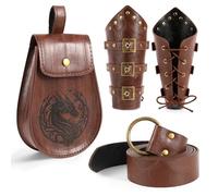 JoyFuncos 4PCS Medieval Costume Accessories, Viking Belt Pouch Leather Bracers Renaissance Pirate Knight Armour Men Women for Ren Faire Halloween (Brown)