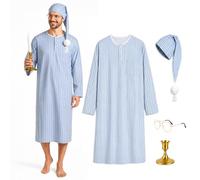 JoyFuncos 4PCS Pajamas Nightgown Costume Men Blue Striped Nightshirt with Sleeping Hat Glasses Candle Holder for Halloween Christmas (X-Large)