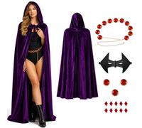 JoyFuncos 4PCS Raven Costume Adult Women Purple Cape Hooded Velvet Cloak Belt Red Gem Eye Mask Halloween Anime Cosplay Outfit