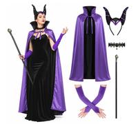 JoyFuncos 5PCS Evil Queen Costume Women Gothic Witch Cape Outfit with Horns Headband Staff Necklace Gloves for Halloween Cosplay