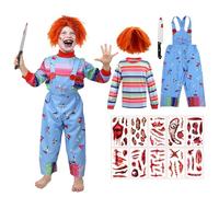 JoyFuncos 5PCS Scary Killer Costume for Kids Boys Halloween Horror Striped Top Jumpsuit Outfit Cosplay Overalls with Wig for Toddler Child (XL)