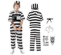 JoyFuncos 6PCS Kids Prisoner Costume Black White Striped Jail Convict Outfit Halloween Criminal Shirt Pants for Boys Grils Cosplay Party