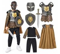 JoyFuncos 7PCS Kids Knight Armor Costume Medieval Knight Armor Helmet Swords Shield Set Warrior Weapons Outfit for Boys Halloween Dress up