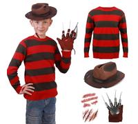 JoyFuncos Freddy Krueger Costume Kids Red Green Striped Jumper Freddy Glove Hat Scary Killer Accessories Halloween Cosplay Outfits for Boys Girls Fancy Dress (9-10 Years)