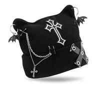 JoyFuncos Goth Cat Ear Beanie Hat Gothic Punk Black Grunge Hat Y2K Knitted Cap Bat Wing Cross Chain Clothing Accessories for Women Halloween Streetwear Home Outdoor Winter
