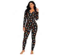 JoyFuncos Halloween Pumpkin Pajamas Onesie Women Sexy Skeleton One Piece Romper Long Sleeve Bodycon Jumpsuit Sleepwear for Adult