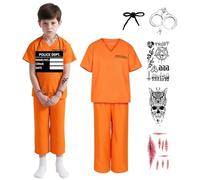 JoyFuncos Kids Orange Prisoner Costume Prison Convict Outfit Halloween Jail Criminal Jumpsuit Pant Set for Boys Girls Cosplay Party