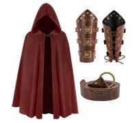 JoyFuncos Medieval Cloak with Hood, Renaissance Velvet Cape with Viking Belt Leather Bracers Costume Accessories Adult Men Women for Halloween