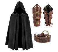 JoyFuncos Medieval Cloak with Hood, Renaissance Velvet Cape with Viking Belt Leather Bracers Costume Accessories Adult Men Women for Halloween (Black)