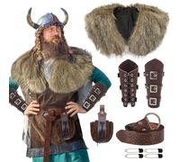 JoyFuncos Mens Viking Costume Accessories Faux Fur Shawl Medieval Warrior Outfit with Renaissance Shoulder Wrap Collar Leather Bracers Belt Armor for Adult Halloween Cosplay