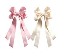 JOYFUNFABU 2PCS Pink Beige Hair Bow Clips Long Tail Silky Satin, 5'' Silky Satin Polyester Ribbon Fashion Hair Accessories, Hair Bow for Women Girls Teens Daily Wear Clips