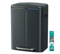 JOYFURNOS Dark Carbon Grey Dual Compartment Kitchen Bin - 2 x 20L, Metal Step Bin with Plastic Inner Buckets, Soft-Close Lids, Handles & Odour Seal - Ideal for Waste & Recycling, 42.7x40.8x60.2cm