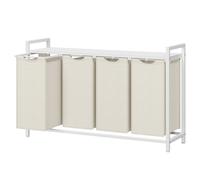 JOYFURNOS Laundry Basket, 4-Compartment Laundry Hamper, Pull-Out and Removable Liner Bags, Clothes Sorter, Shelf, Metal Frame, 4 x 40 L, 116 x 33 x 72 cm, Cream White and Matte White