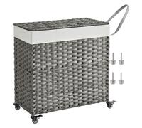 JOYFURNOS Laundry Basket with Lid, 140 L, Rolling Laundry Hamper with Wheels, 2-Compartment Synthetic Rattan Design, Removable Liner, for Laundry Room and Bedroom, 66 x 33 x 66 cm, Grey