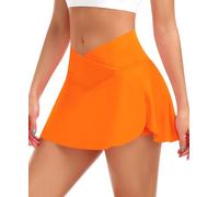 JoyGirl Women's Crossover Tennis Skirt with Shorts Pleated Athletic Golf Skort High Waist School Mini Skirts with Pockets (Orange,M)