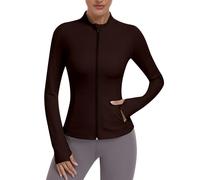 JoyGirl Womens Zip Up Sport Running Jacket with Pockets Long Sleeve Workout Jackets Slim Fit Gym Yoga Tops with Thumb Holes (Brown,M)
