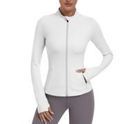 JoyGirl Womens Zip Up Sport Running Jacket with Pockets Long Sleeve Workout Jackets Slim Fit Gym Yoga Tops with Thumb Holes (White,2XL)