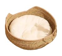 Joygoodta 17-Inch Cat Basket Bed, Round Rattan Cat Bed with Cotton Cushion Scratch-Resistant Washable Sleeping Nest