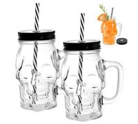 Joygoodta 2Pcs 16oz Skull Mason Jar Glass Cups with Straw, Lid & Handle, Halloween Drinking Glasses for Whiskey, Wine & Beverages