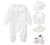 Joygoodta Baptism Outfits for Boys Cotton Baptism Boy Outfit with Hat, Bib, Socks, Shoes Long Sleeve Christening White Suit 66cm