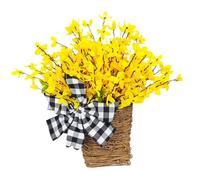 Joygoodta Basket Wreath 17x14 Inch Lifelike Yellow Flower Spring Wreath with Checkered Bow Long Lasting Low Maintenance Fabric Flower Basket for Front Door, Wall Front Door