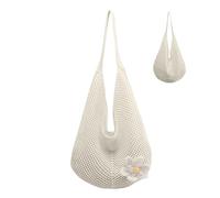 Joygoodta Beach Bag Large Cotton Woven Shoulder Bag with Flower Decor Summer Crochet Straw Handbags for Holiday Travel Seaside, White