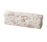 Joygoodta Bow Makeup Bag, Cotton Quilted Makeup Bag with Zipper, Lace & Pearl Design Cute Pencil Case for Women Girls, 8.7x2.8x2 Cosmetic Pouch for Travel Storage Organized