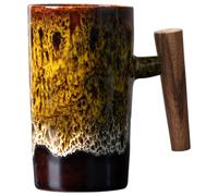 Joygoodta Ceramic Coffee Mug, 220ml Japanese-Style Vintage Coffee Mugs with Wooden Handle for Home Office, Yellow