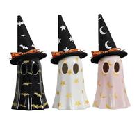 Joygoodta Ceramic Ghost Decor 3PCS Light up Cute Ghost Figurine with Witch Hat Spooky Home Decor for Mantel, Shelf & Tabletop Ceramic