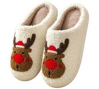 Joygoodta Christmas Slippers, Christmas Slippers Cute Reindeer Suitable for EUR Size 43/44 Warm Cozy Plush Non-Slip Fuzzy Indoor House for Women and Men Red