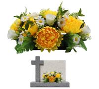 Joygoodta Headstone Flower Saddle, Realistic Yellow Silk Artificial Cemetery Flowers for Grave, Low Maintenance Memorial Decorative Fresh Blooms for Gravesite Cemetery Flowers for Grave