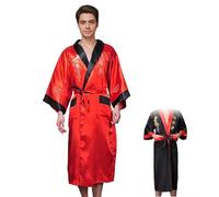 Joygoodta Kimono Dressing Gowns Reversible Mens Dressing Gowns Lightweight Embroidered Japanese Kimono Robe Sleepwear with Waist Tie, Red + Black
