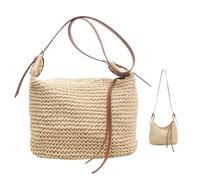 Joygoodta Straw Beach Bag, Woven Shoulder Handbag with Zipper, Beige | Summer Vacation Bag for Women, Suitable for Beach Trips, Shopping, Travel, Holidays, Daily Outings, and Casual Wear.