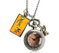 JOYHAPPST Alice in Wonderland Themed 3D Bronze Effect Women's Quartz Pocket Watch Necklace - On 32" Inch / 80cm Chain