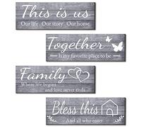Joyhawk 4 Pieces Wall Decor Signs, THIS IS US, TOGETHER, BLESS THIS HOME, FAMILY Rustic Wooden Farmhouse Wall Art Décor For Living Room Bedroom Kitchen, , 4.7 x 13.8 Inch(Grey)