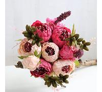 JOYHAZE 1 Pack Artificial Peony Bouquet, 19'' Silk Big Peonies Faux Flowers with Buds for Wedding Home Party Office Decor, Table Centerpieces, DIY Floral Arrangements (Dark Red)