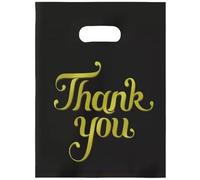 Joyhey 100 Count 7.8" x 11.8" Plastic Merchandise Bags, Shopping Retail Boutique Bags with Die Cut Handles - Gold Thank You