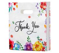 Joyhey 100 Count 9.7" x 13.7" Plastic Thank You Merchandise Bags, Shopping Retail Boutique Bags with Die Cut Handles - Flower