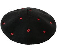 JOYHY Women's Red Lips Hearts Embroidered Wool French Style Beret Hat Black