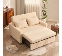 Joyic 2 Seater Sofa Bed, 3-in-1 Convertible Pull Out Sleeper Sofa, Corduroy Fabric Love Seat with Adjustable Backrest & Side Pockets, Beige