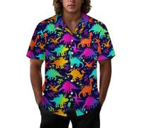 Joyidec Mens Hawaiian Shirt Casual Button Down Short Sleeve Tropical Beach Holiday Aloha Party Shirt for Men Funny, Neon Rainbow Dinosaur, Medium