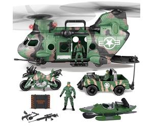 JOYIN 10-in-1 Jumbo Military Transport Helicopter Toy Set Including Helicopter with Realistic Light & Sound, Military Truck, Kayak boat, Motorcycle, Army Men Action Figures and Weapon Gear Accessories