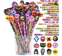 JOYIN 108PCS Halloween Pencils with Erasers Stationery Set, 108 Colorful Pencils in 6 Design, 108 Giant Erasers in 12 Style for Kid Trick or Treat, Halloween Party Favor Supplies, Classroom Prize Gift