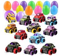 JOYIN 12 Pcs 3.8” Prefilled Easter Eggs with Pullback Monster Cars for Kids Boys Easter Egg Hunt, Plastic Push and Go Racing Vehicles Toy Easter Baskets Stuffer Party Bag Fillers Party Favors