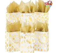 JOYIN 12 PCS Christmas Foil Gold Gift Bags with Tissue Papers and Name Card Tags for Xmas Presents Wrapping Stocking Stuffers Thanksgiving New Year(4 x 6 x 2)