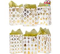 JOYIN 12 PCS Christmas Holiday Foil Gold Gift Bags with Tissue Papers and Name Card Tags; Assorted White Winter Prints for Party Favors Goody Bags, Xmas Presents and Wrapping Stocking Stuffers