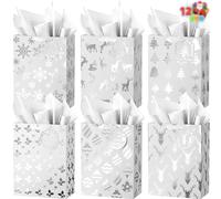 JOYIN 12 PCS Christmas Holiday Foil Silver Gift Bags 8" x4" x10" Xmas Goody Treat Candy Bags with Tissue Papers Winter Prints for Classrooms and Party Favors